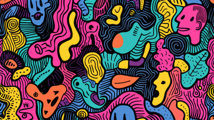 Fototapeta premium Colorful Funky Doodles Pattern. Whimsical and Fun Art Design