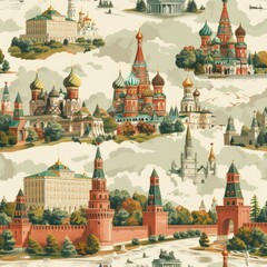 Fototapeta premium Design a seamless background with scenes from Russian history and famous landmarks, suitable for use as a repeating pattern, a seamless pattern