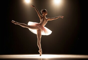 A ballerina dancing on stage, illuminated by a single spotlight.
