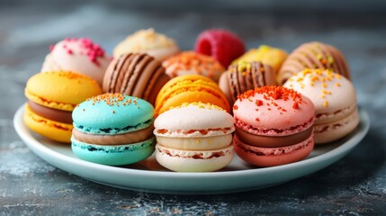 Fototapeta premium Macarons: A colorful assortment of macarons in various flavors arranged neatly on a white plate. 