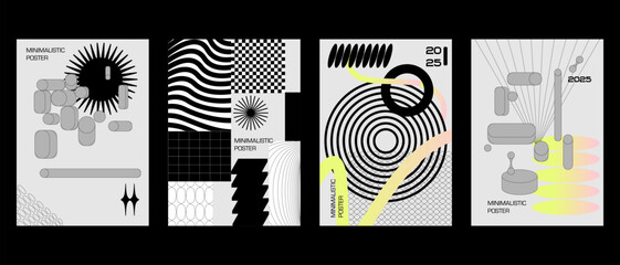 Posters with silhouette minimalistic basic figures, extraordinary graphic assets of geometrical shapes. Modern minimal print brutalist.