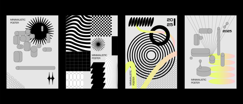 Posters with silhouette minimalistic basic figures, extraordinary graphic assets of geometrical shapes. Modern minimal print brutalist.