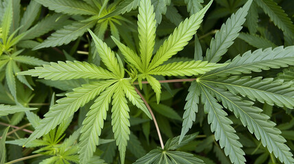Marijuana, the green leaves of the plant dominate the frame. Their color and characteristic shapes create a picturesque image of nature, which is often the subject of controversy and social debate.