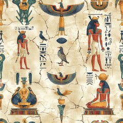 Design a seamless background with Egyptian tomb paintings and wall art, suitable for use as a repeating pattern, a seamless pattern