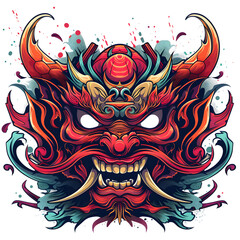 illustration of a traditional Asian dragon mask. It has intricate patterns, sharp fangs, and a central turquoise gemstone. It’s vibrant and detailed