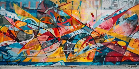 Naklejka premium A Dynamic Street Art Scene with Vibrant Murals and Graffiti on a City Wall
