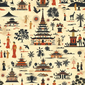 Design a seamless background with Burmese historical events and cultural heritage, suitable for use as a repeating pattern, a seamless pattern
