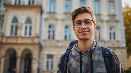A young man with a backpack and glasses stands in front of a building. His appearance suggests that he may be a student or a traveler, ready for new adventures and experiences.