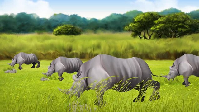 one horned rhino eating grass at forest
kaziranga national park 2d animation