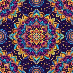 Design a seamless abstract background with intricate mandala patterns in vibrant colors, suitable for use as a repeating pattern, a seamless pattern