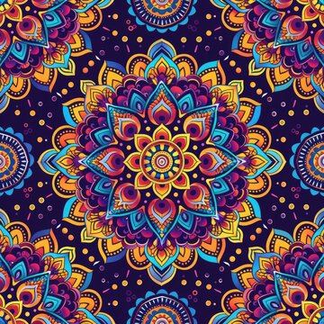 Design a seamless abstract background with intricate mandala patterns in vibrant colors, suitable for use as a repeating pattern, a seamless pattern