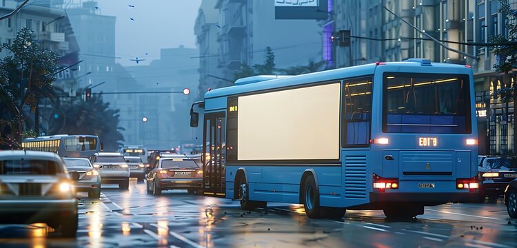 Morning cityscape features a pale blue bus with a backside blank billboard.