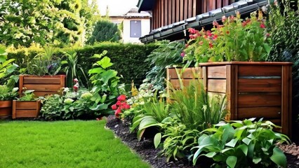 Obraz premium A well maintained garden with a variety of plants and flowers. It has raised wooden beds with shrubs and flowering plants.The theme demonstrates landscape design