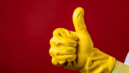 a hand wearing a yellow rubber glove with a thumb up on a red background.