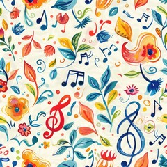 Design a seamless background with whimsical music notes and playful melodies, suitable for use as a repeating pattern, a seamless pattern