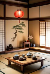 A formal Japanese tea ceremony occurring in a tranquil, sparsely decorated room featuring a wooden table, cushions, and a hanging scroll.
