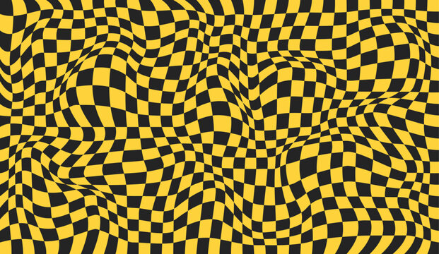 Checkered wavy pattern. Yellow and black distorted geometric graphic background. Chessboard surface with warped effect. Abstract design for banner. Awry chess square pattern. Vector illustration