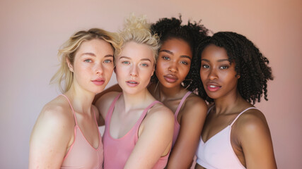 Women of different ethnicities and body types standing in front of a beige background hugging one another. Unity, participation, diversity, multicultural society. Women power.
