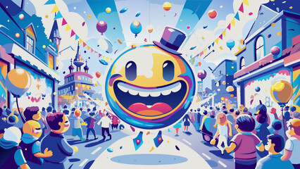 Vibrant Street Festival Celebration with Joyful Emoji Balloon