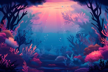 Coral reef underwater world with marine animals silhouettes and algae seaweeds, sea bottom cartoon background. Vector undersea plants, aquarium with seafloor, marine wildlife scenery on depth