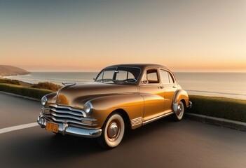 A vintage car parked on a coastal road with the ocean in the background.

