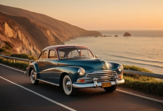 A vintage car parked on a coastal road with the ocean in the background.
