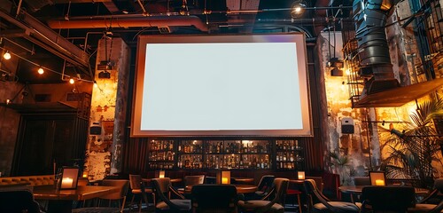 Vertical blank billboard in an atmospheric underground bar, surrounded by chic decor.