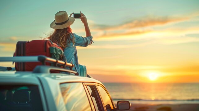 Woman capturing beautiful sunset at the beach from car roof. Traveling, adventure and vacation vibes.  AI