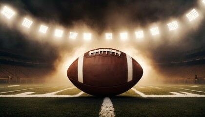 American football ball in front of warm-toned spotlights on the field and foggy background