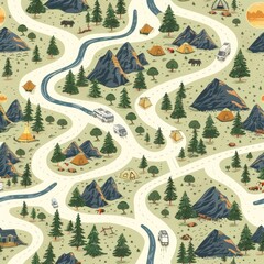 Design a seamless background with hiking trails and camping scenes, suitable for use as a repeating pattern, a seamless pattern