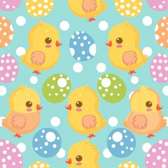 Fototapeta premium Produce a tileable background of Easter chicks and pastel-colored patterns, crafted to join seamlessly in all directions, a seamless pattern