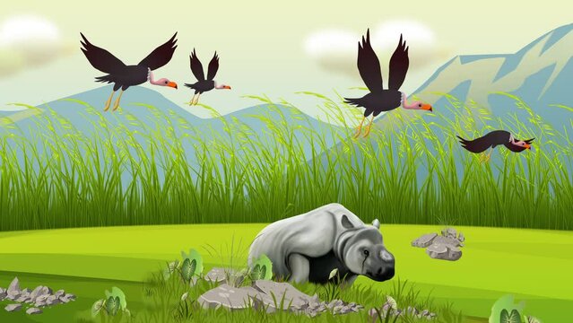 one horned rhino with flying vulture bird 2d animation