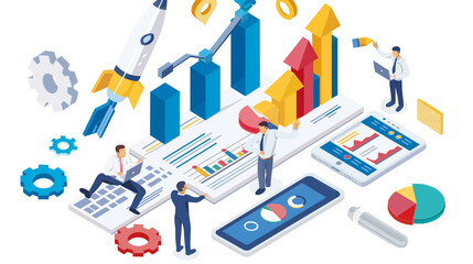 3D vector of a businessman's office Company employees work together on a startup using mobile devices, solving problems, making decisions. Online communication network illustration.