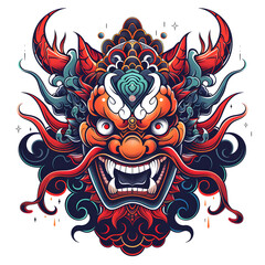 Fototapeta premium illustration of a traditional Asian dragon mask. It has intricate patterns, sharp fangs, and a central turquoise gemstone. It’s vibrant and detailed