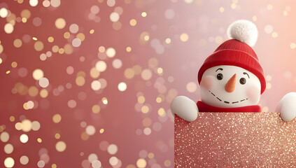 Fototapeta premium A cheerful snowman in a red hat peeking over a pink glitter banner with bokeh lights in the background.