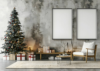A cozy Christmas living room with a decorated tree, gifts, a chair, and two blank frames on the wall.