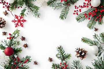 A festive Christmas border of pine branches, ornaments, and berries on a white background.