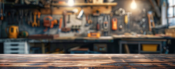 Empty wooden table top with blurred background of home workshop interior, mechanic tools and workbench in garage for product display montage.