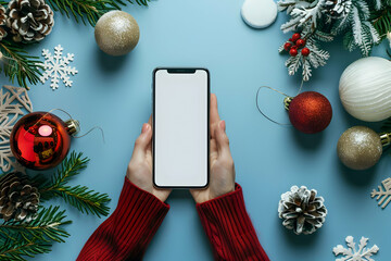Hands holding a smartphone with a blank screen, surrounded by Christmas decorations. Perfect for holiday marketing or app promotion.
