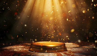 Golden spotlight shines on a round platform with sparkling dust.  Perfect for product displays or celebration themes.