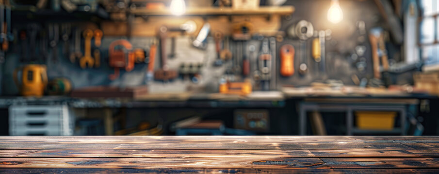 Empty wooden table top with blurred background of home workshop interior, mechanic tools and workbench in garage for product display montage.