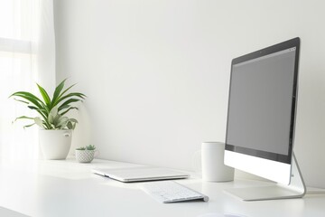 Modern Home Office Workspace with Computer and Plant Decor