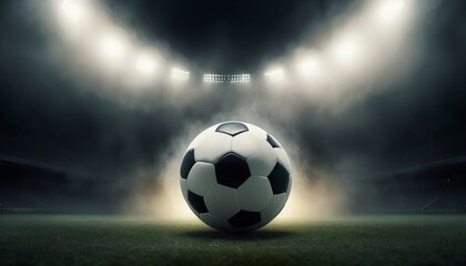 close up view of soccer ball on the field in front of spot lights, warm spot lights and foggy background, 

