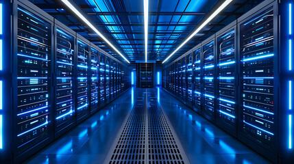Futuristic data center with rows of server racks illuminated by LED lights