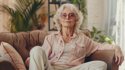 Cheerful Pretty Elderly Caucasian Woman with Elegant Glasses Sitting on Cozy Sofa