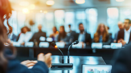 a  of a blurred view of a panel discussion, with multiple business speakers and a moderator engaging with a professional audience, emphasizing diverse perspectives, b