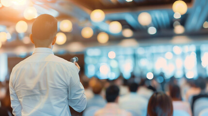 a  of a blurred view of a business speaker answering questions from the audience during a Q&A session, focusing on interactive engagement, business speaker, professio