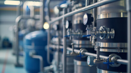 Large industrial water treatment rooms and boiler rooms Steel metal pipes, pumps and valves, blue concept Drinking water production, water treatment systems