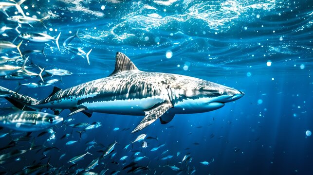A stunning shark swimming in the deep blue ocean. Marine life beauty captured underwater. Perfect for wildlife enthusiasts. Created with high-definition AI technology. AI - Powered by Adobe