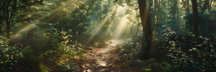 Enchanted Forest at Dawn: Sunlight Filtering Through Dense Foliage, Creating a Serene and Tranquil Atmosphere